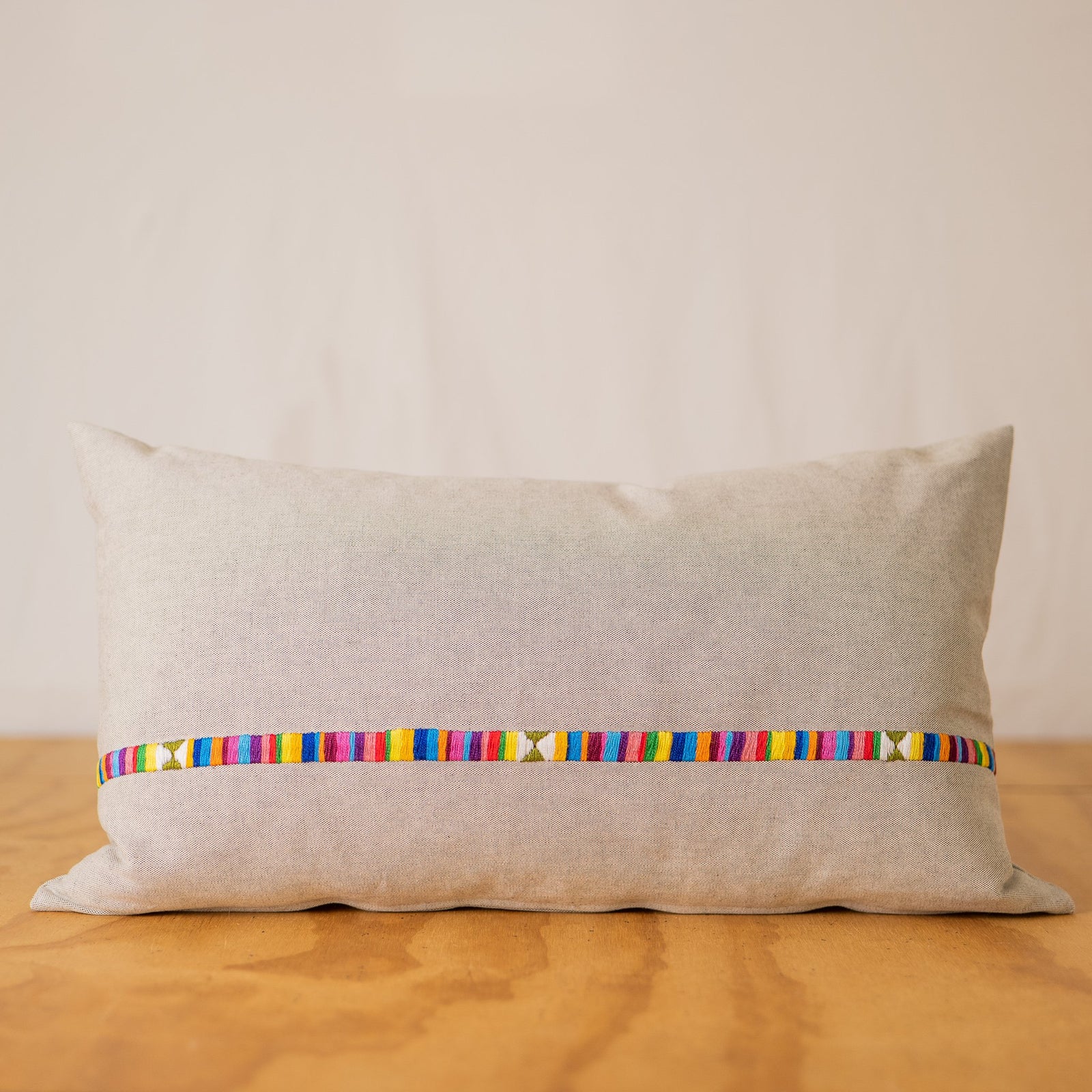 Minimalist Hand Embroidered Pillow - Multi Color Band, Grey