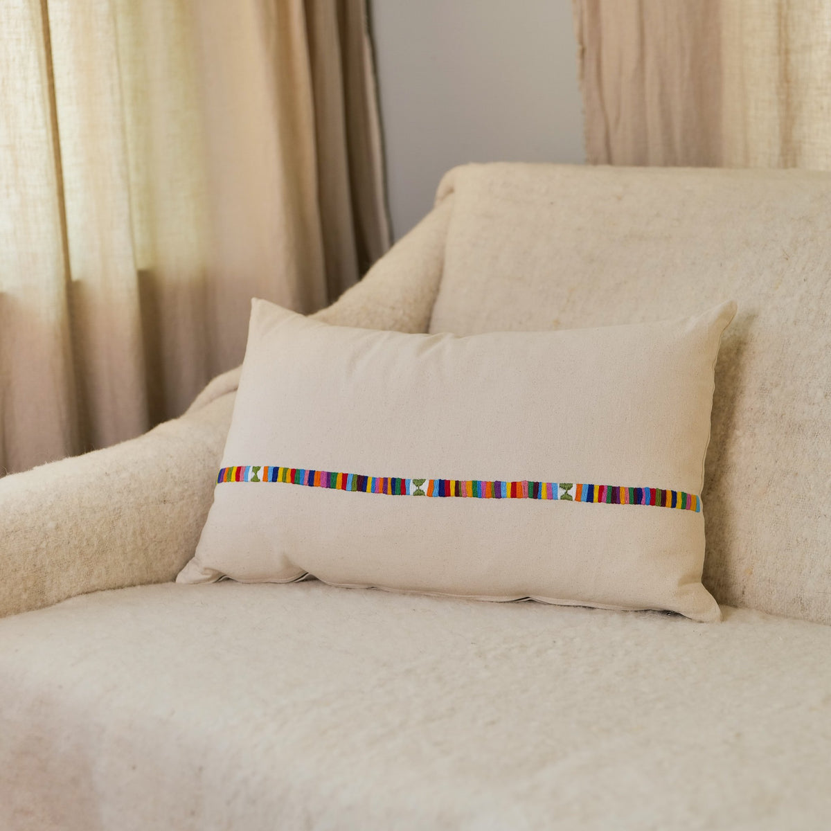 Minimalist Hand Embroidered Pillow - Multi Color Band, Natural