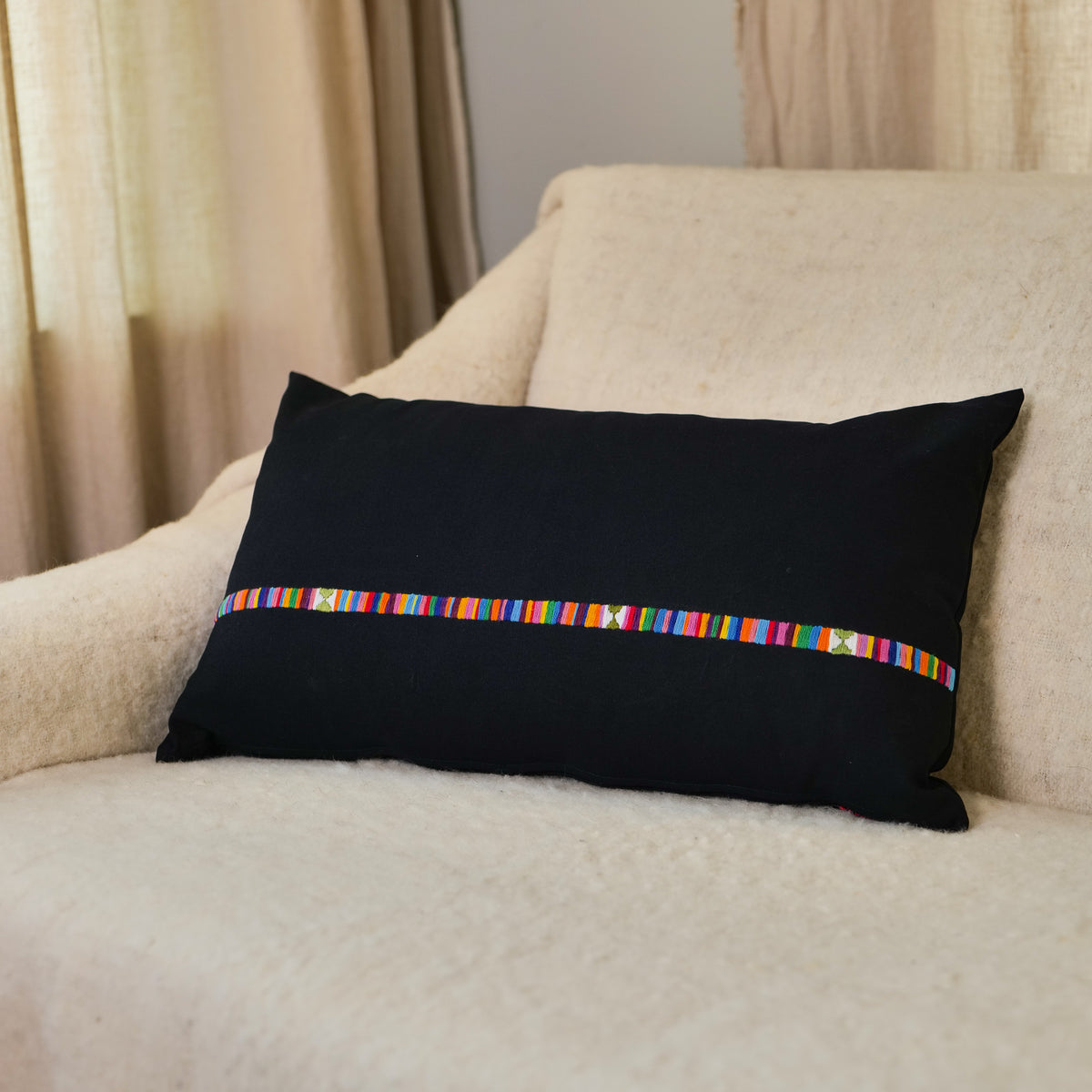 Minimalist Hand Embroidered Pillow - Multi Color Band, Ink