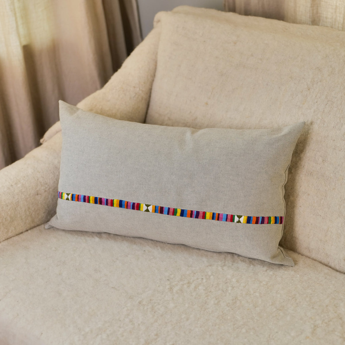 Minimalist Hand Embroidered Pillow - Multi Color Band, Grey