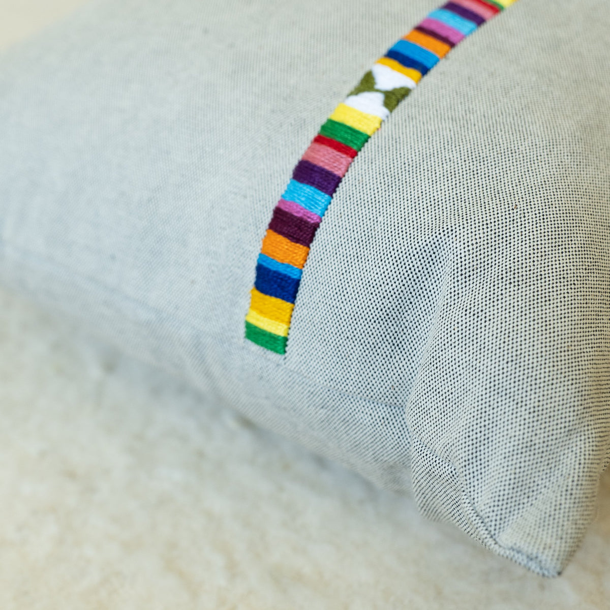 Minimalist Hand Embroidered Pillow - Multi Color Band, Grey